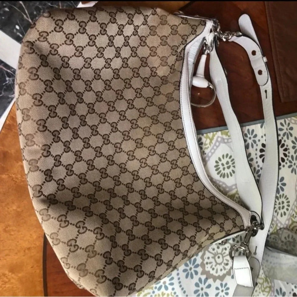 Gucci Horsebit Large Hobo GG Canvas Beige White Leather Trim Shoulder Bag - Picture 9 of 12